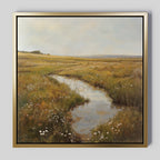 The Marshland Stream Canvas Art features a peaceful meadow with wildflowers, tall grasses, and a winding stream beneath a cloudy sky. Warm earthy tones bring calm, making it perfect wall decor for your living room.