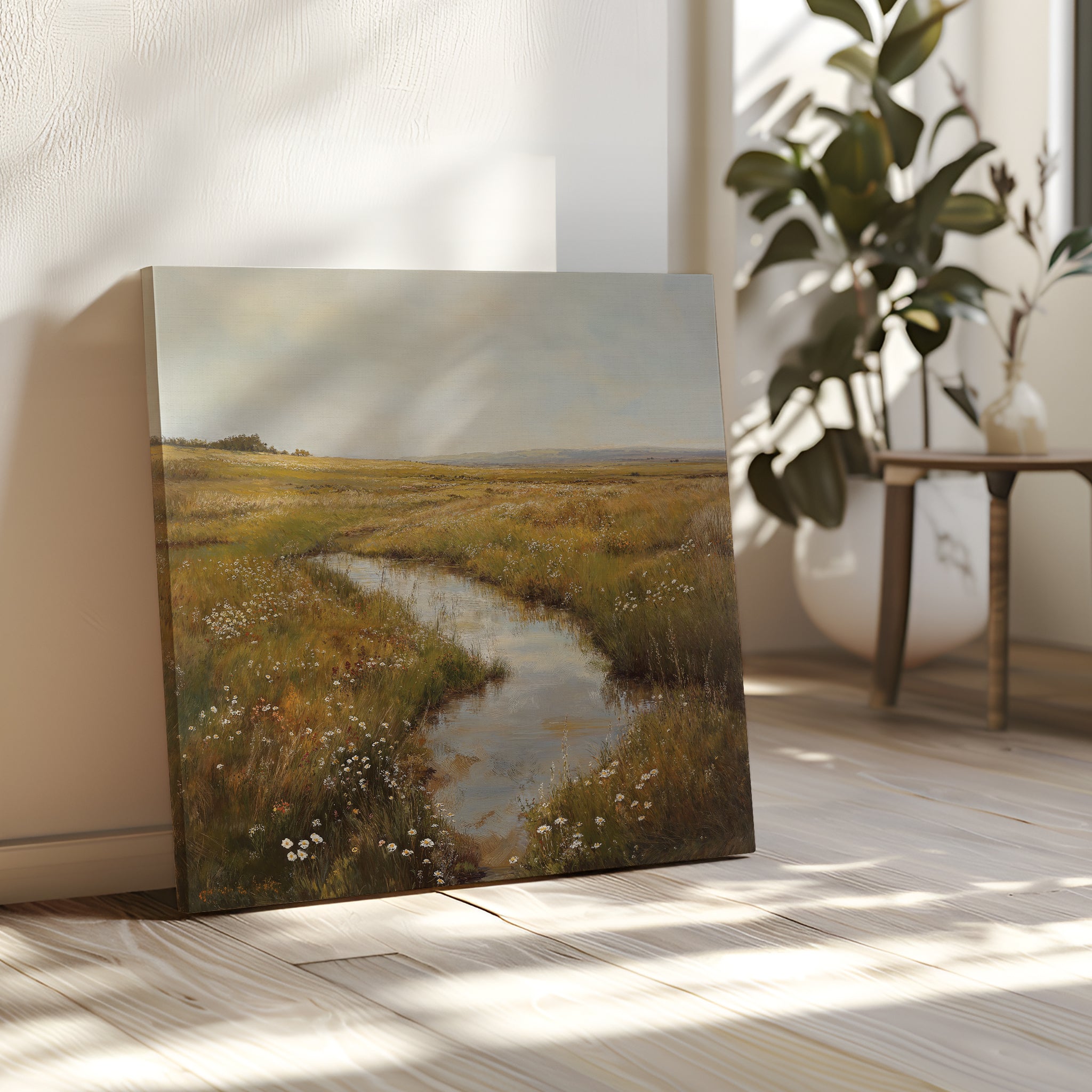 The Marshland Stream Canvas Art, depicting a grassy meadow and stream, rests against a white wall in a sunlit room with hardwood floors—ideal as marshland wall art for your living room. A potted plant and small table with vase are seen in the background.