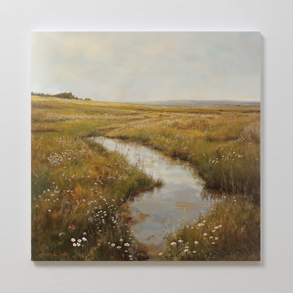 The Marshland Stream Canvas Art depicts a narrow stream winding through grassy meadows and wildflowers under a soft sky, creating perfect marshland wall art for tranquil living room decor.