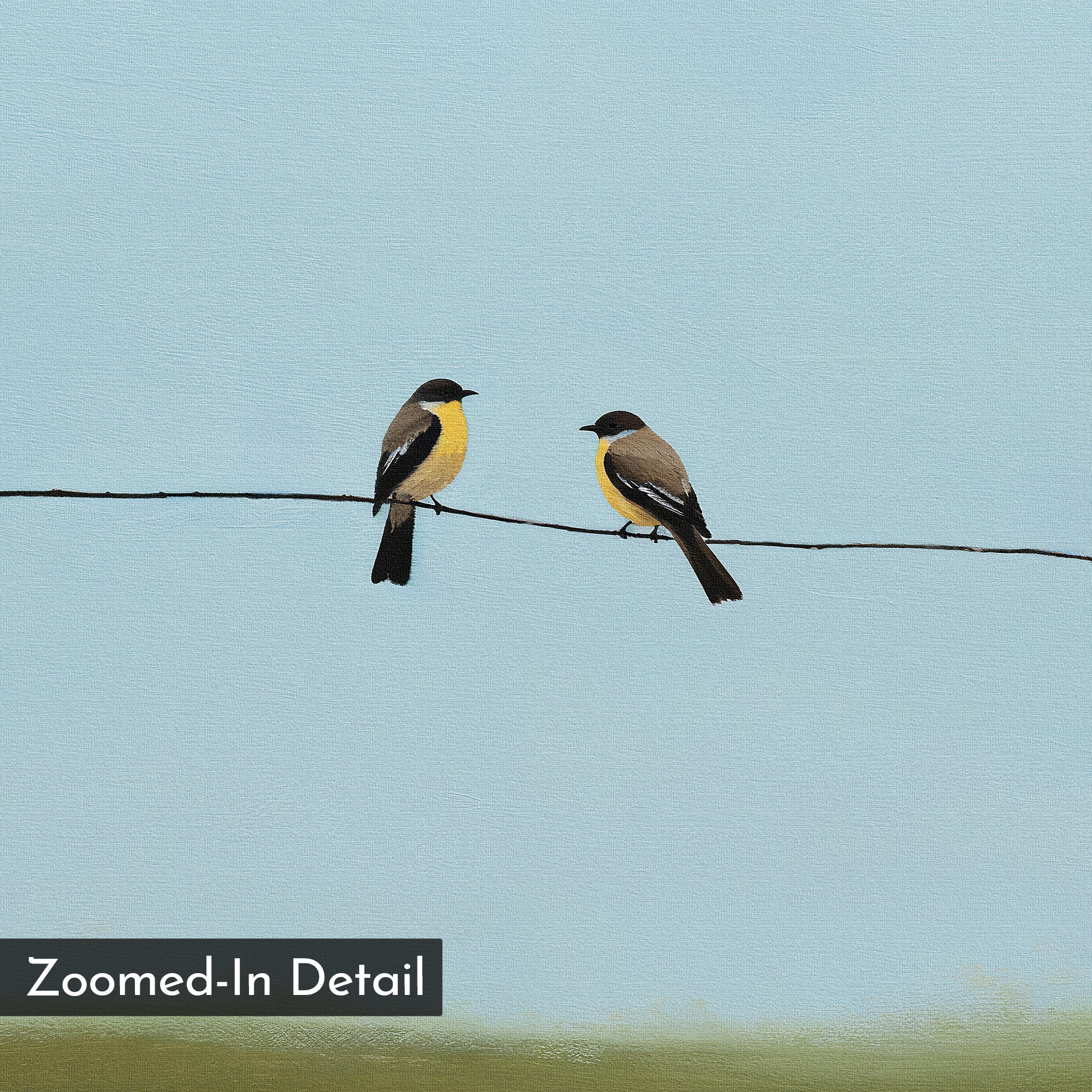 Two small birds with yellow bellies perch on a wire against a pale blue sky. The "Meadow Line Canvas Art" print has a simple background, ideal for minimalist decor. “Zoomed-In Detail” appears in the bottom left corner.