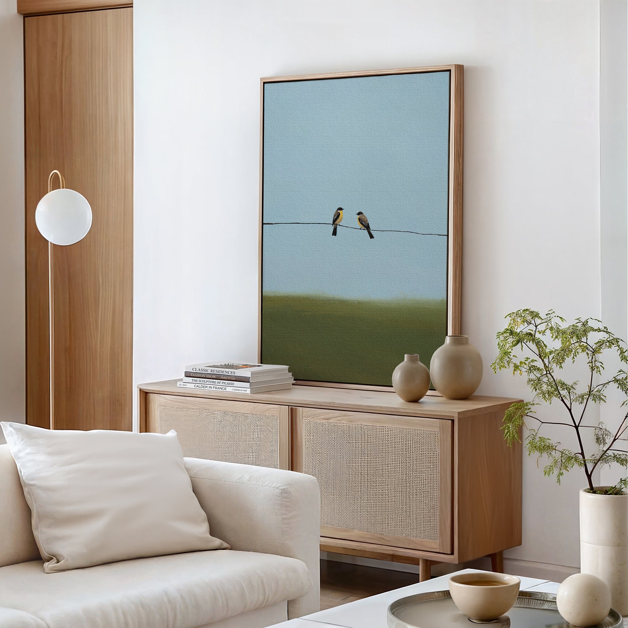 A minimalist living room with light wood furniture, a white sofa, and neutral decor showcases the Meadow Line Canvas Art—a print of two birds on a wire—above the sideboard, with a small green plant on the right.