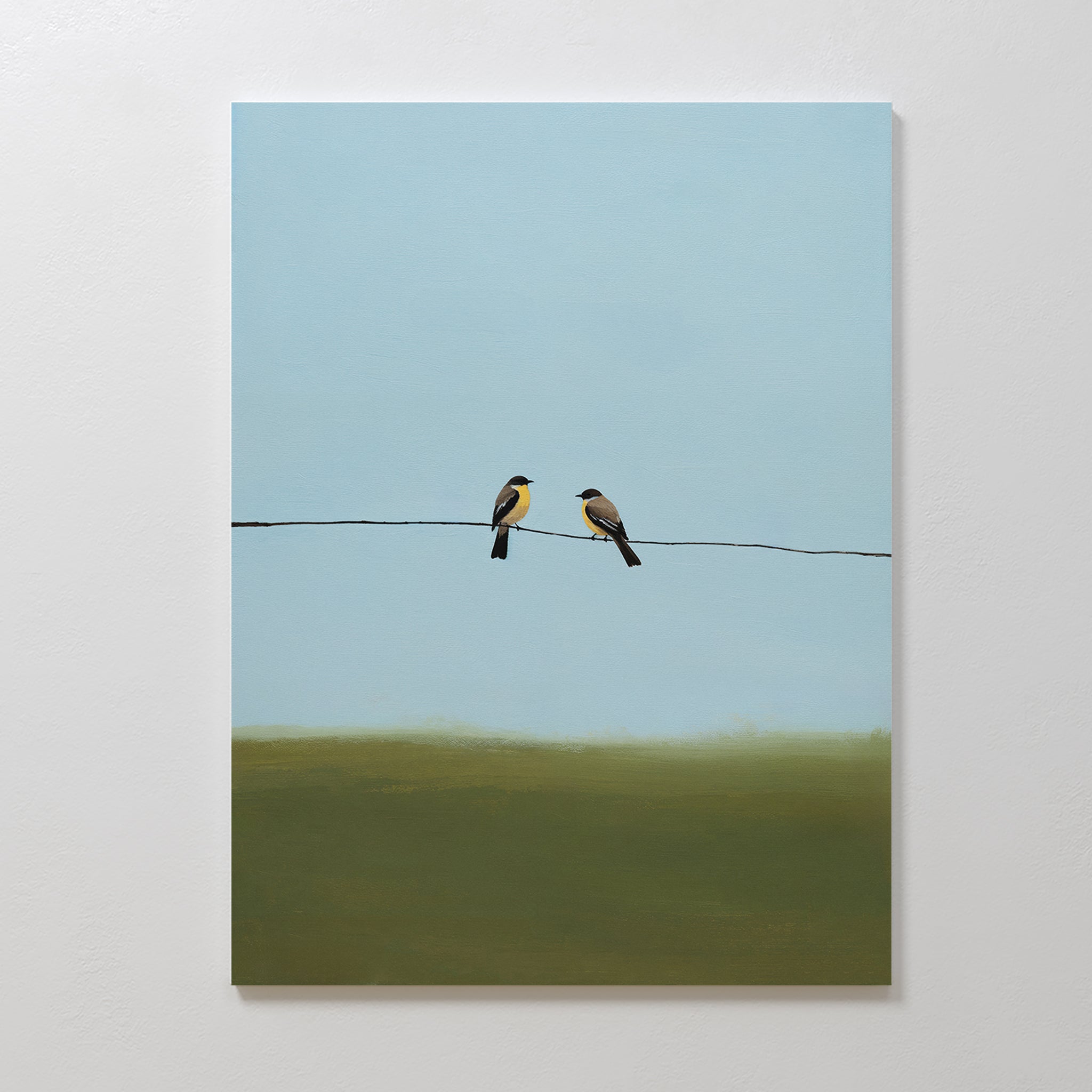 Meadow Line Canvas Art is a minimalist painting with two birds on a wire above green grass and a light blue sky—perfect wall decor to enhance any minimalist interior.