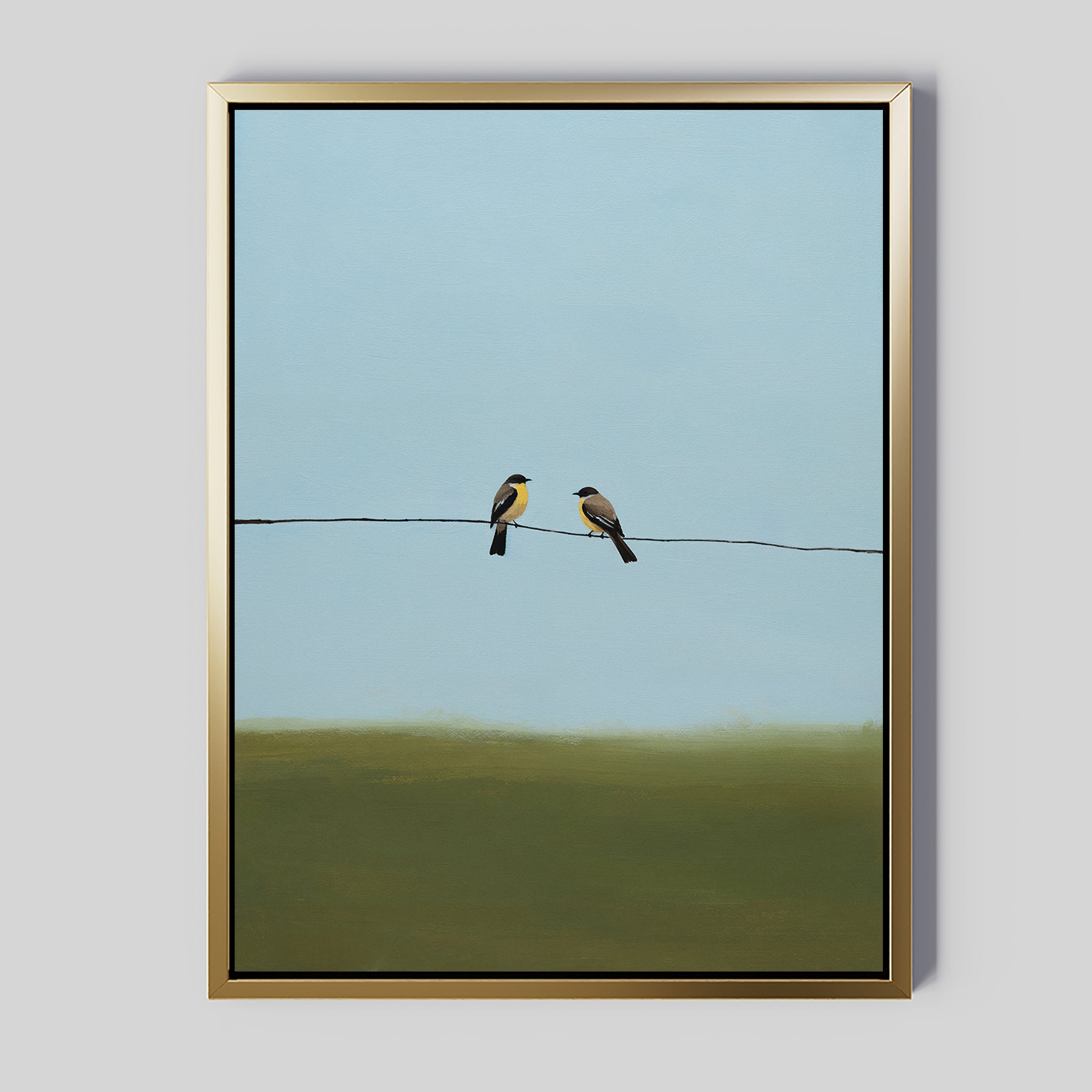 The Meadow Line Canvas Art features two small birds perched on a wire set against a blue sky and green landscape. With its minimalist style and soft colors, this framed print is ideal for modern, minimalist interiors.