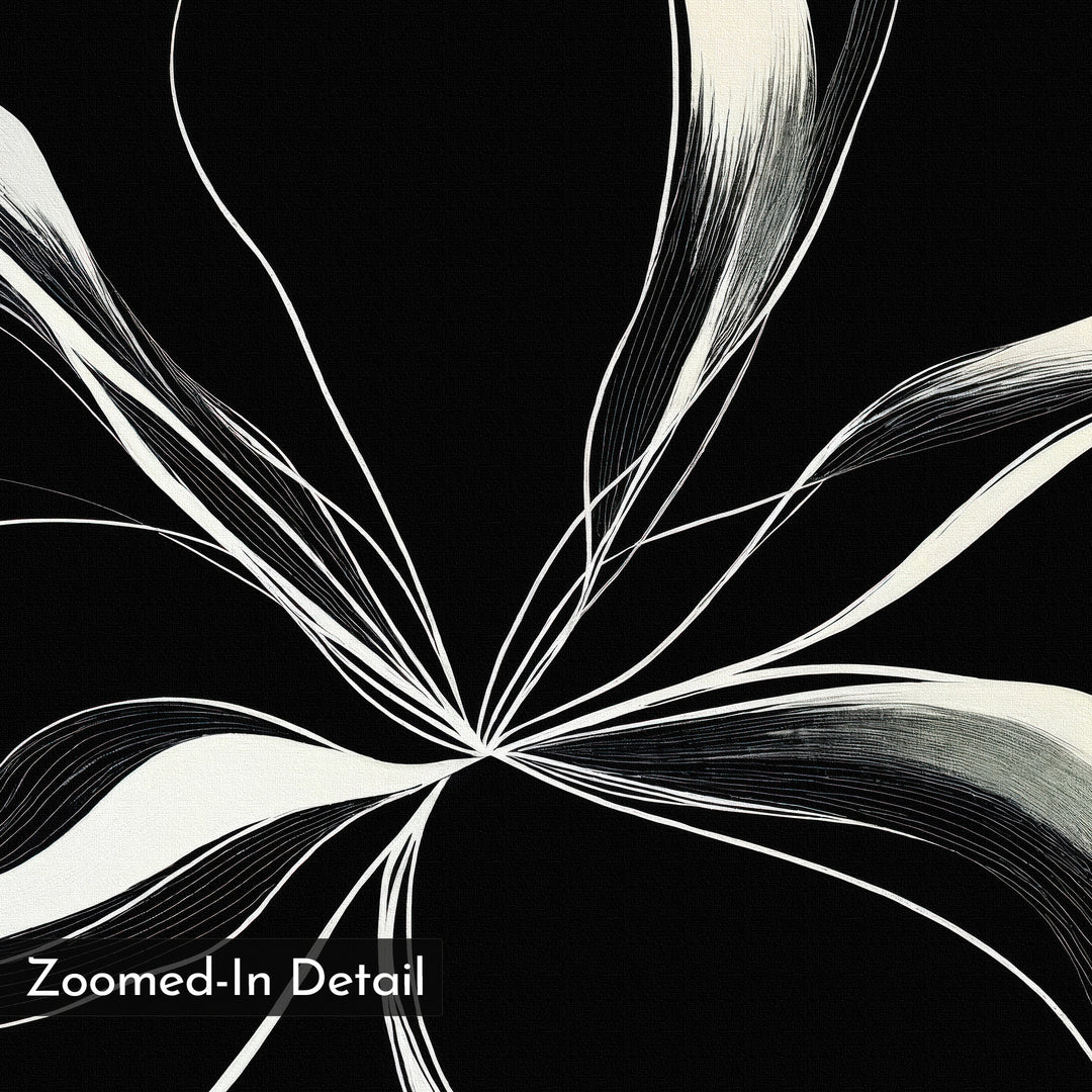 Midline Motion Canvas Art: Abstract black and white artwork with flowing lines radiating from a central point on a solid black background. “Zoomed-In Detail” text in the corner. Perfect minimalist wall art for modern living rooms.