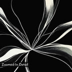 Midline Motion Canvas Art: Abstract black and white artwork with flowing lines radiating from a central point on a solid black background. “Zoomed-In Detail” text in the corner. Perfect minimalist wall art for modern living rooms.
