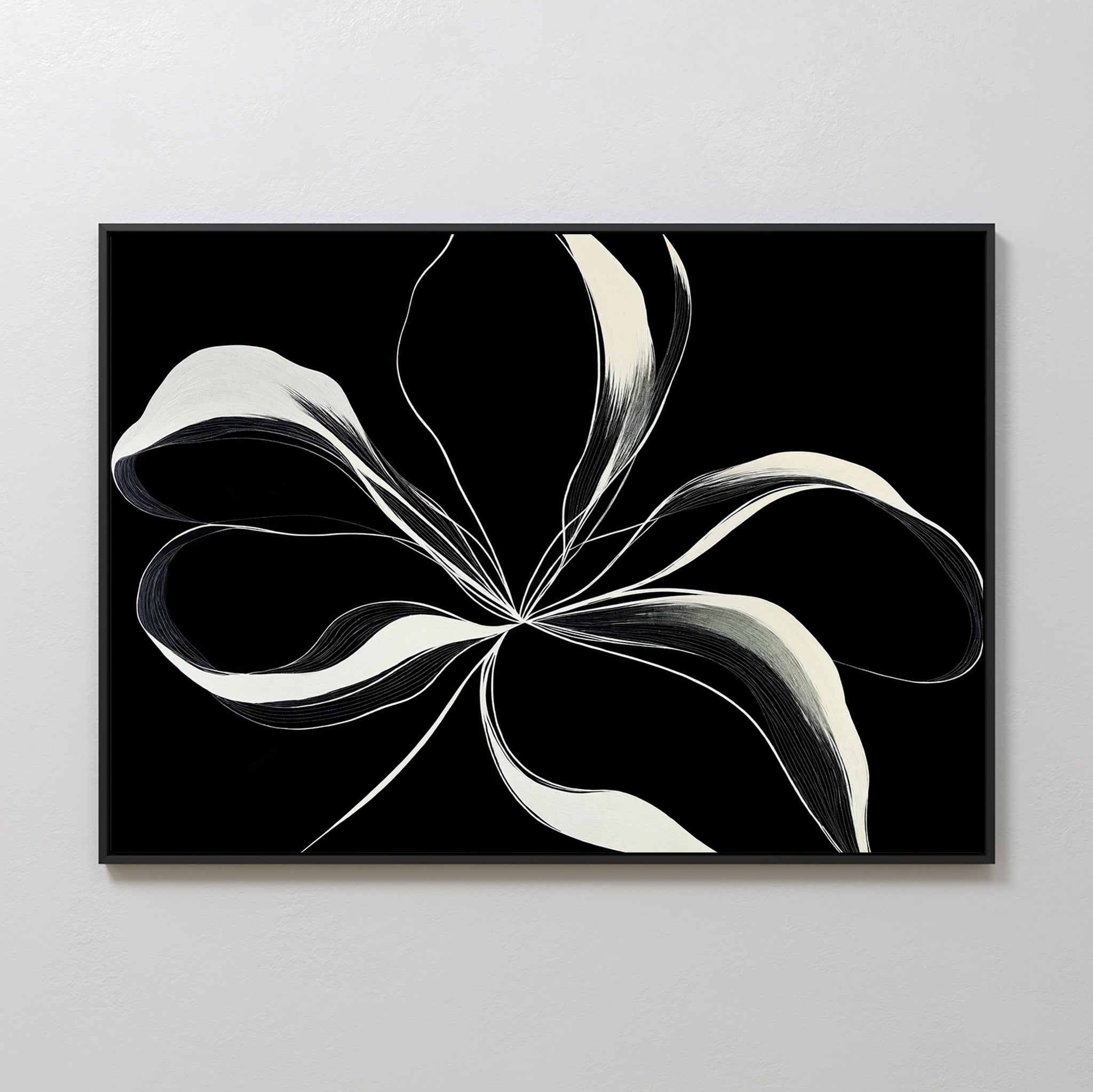 Introducing the Midline Motion Canvas Art: abstract black and white artwork with fluid, ribbon-like shapes on a solid black background in a black frame—ideal minimalist wall art for modern living room decor.