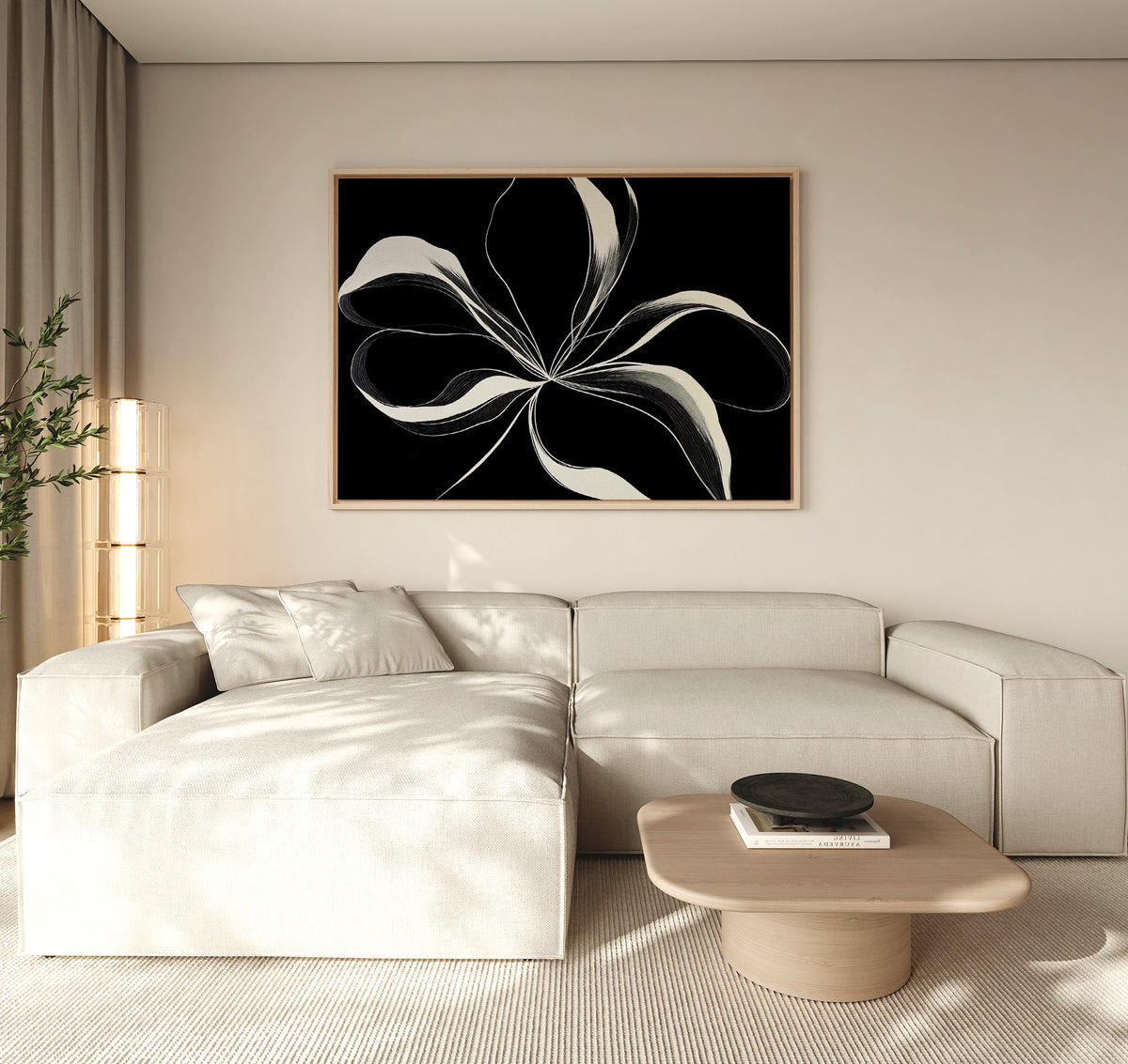 A modern living room features a beige sectional sofa, light wood coffee table, and the Midline Motion Canvas Art as minimalist wall decor. Soft natural light filters through beige curtains, while a tall plant enhances the contemporary space.