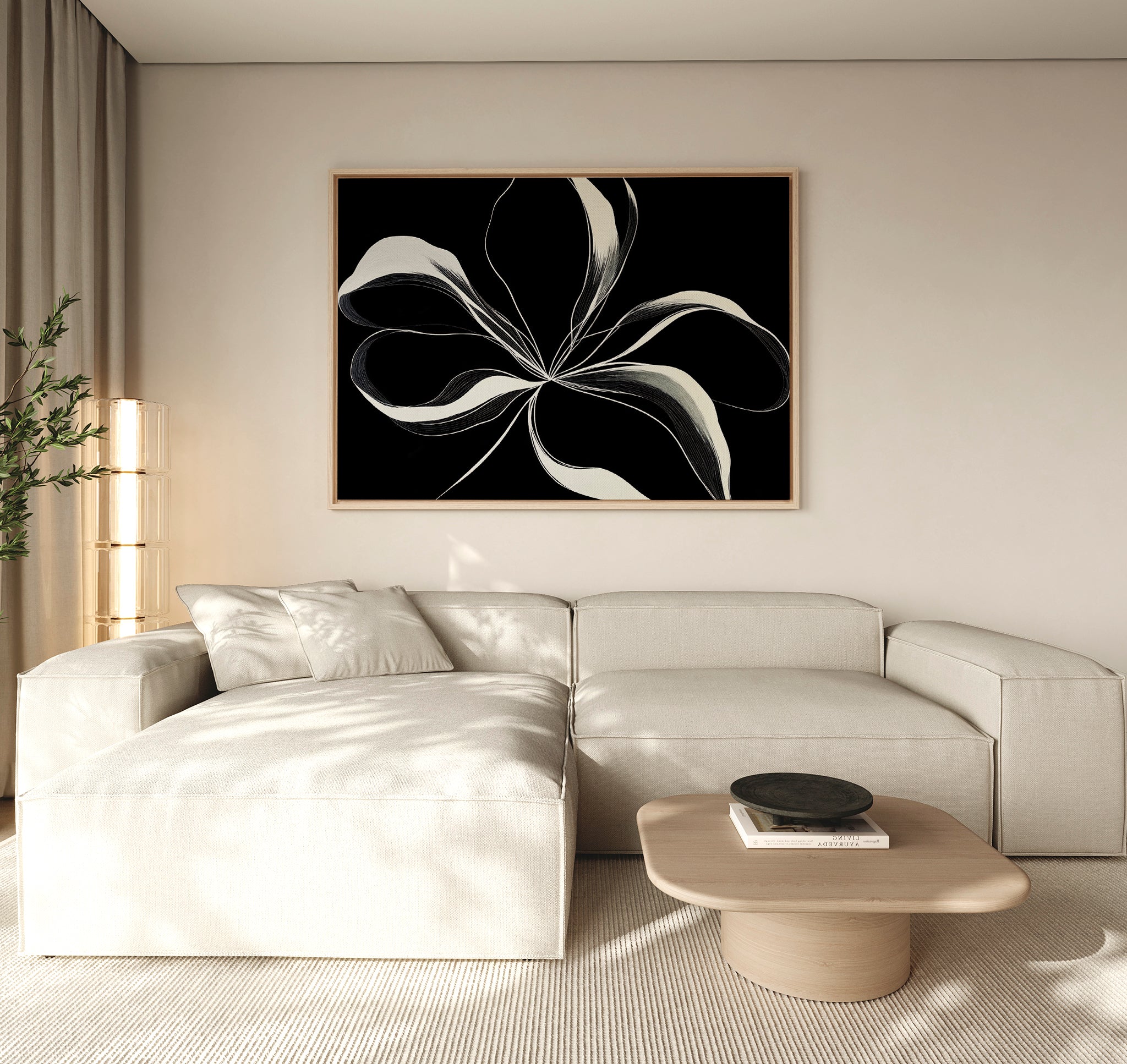 A modern living room features a beige sectional sofa, light wood coffee table, and the Midline Motion Canvas Art as minimalist wall decor. Soft natural light filters through beige curtains, while a tall plant enhances the contemporary space.