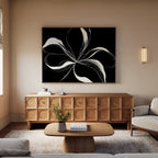 A modern living room features a light beige sofa, wooden coffee table, and sideboard. Above the sideboard hangs the Midline Motion Canvas Art. Soft lighting and minimal décor create a calm, cozy atmosphere.