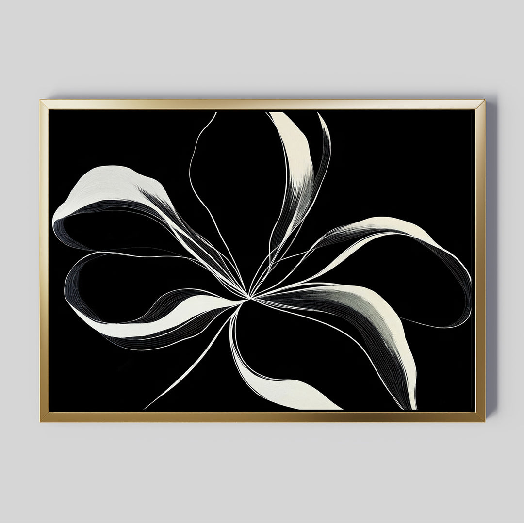 The Midline Motion Canvas Art features abstract white lines and curves on a black background, elegantly framed in gold—ideal for modern living room decor against a light gray wall.