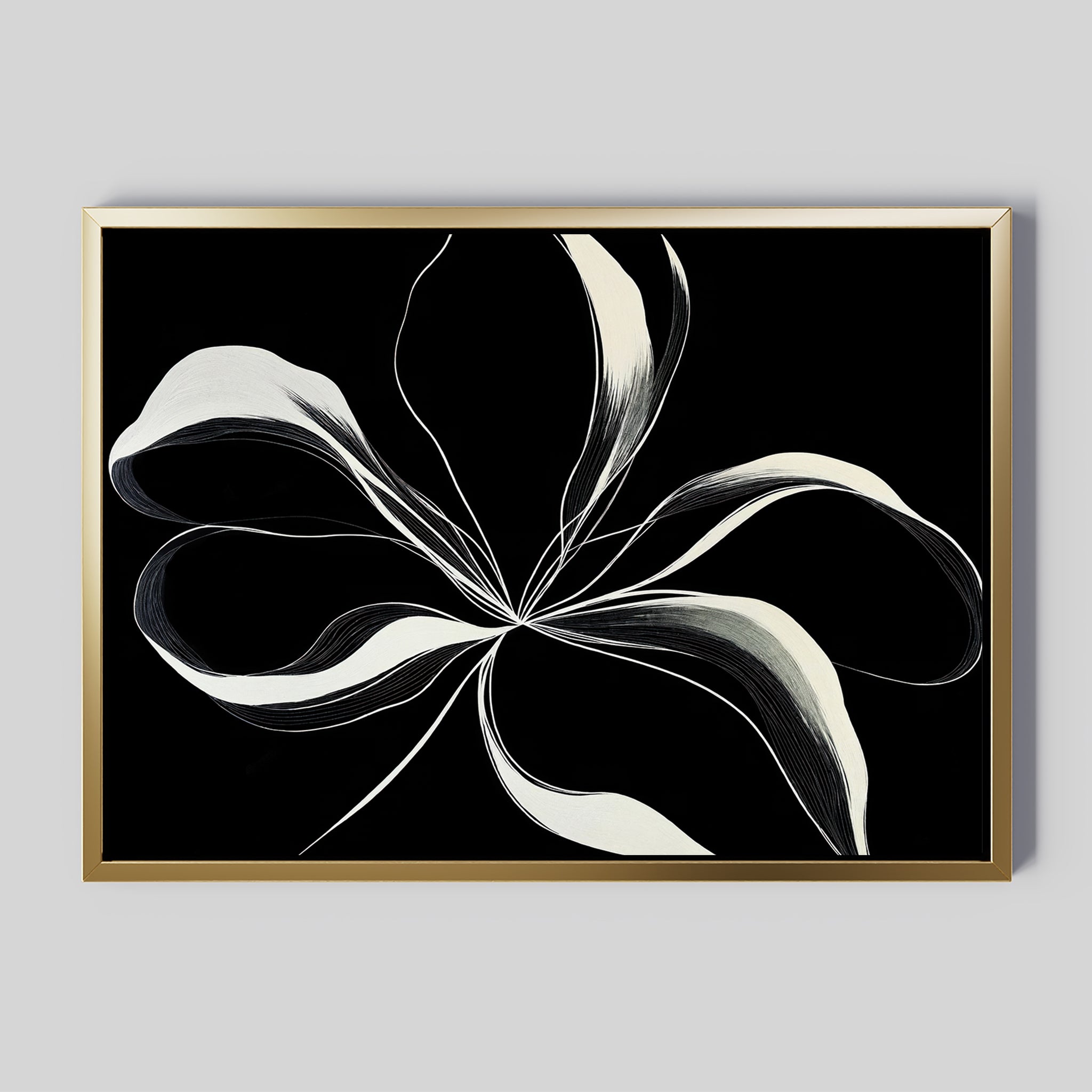 The Midline Motion Canvas Art features abstract white lines and curves on a black background, elegantly framed in gold—ideal for modern living room decor against a light gray wall.
