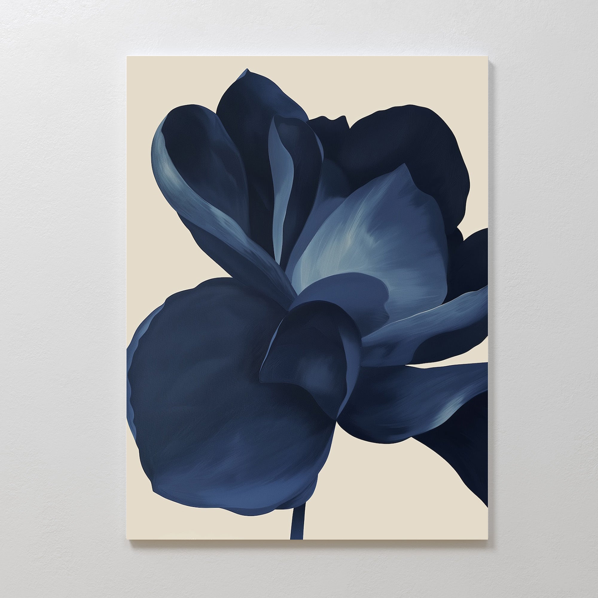 The Midnight Bloom Abstract Canvas Art features a minimalist dark blue flower with layered petals on a light beige background, adding modern abstract style to any room—perfect for contemporary home decor.