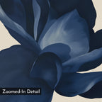A close-up digital painting of Midnight Bloom Canvas Art – Horizontal features dark blue layered petals on a light beige background, with a “Zoomed-In Detail” label in the corner. Ideal modern wall decor for your living room.