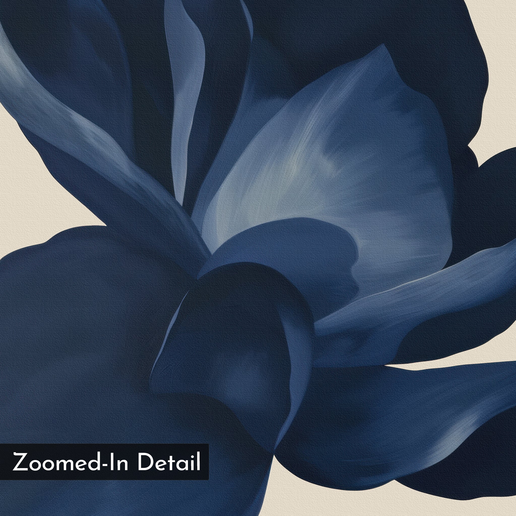A close-up digital painting of Midnight Bloom Canvas Art – Horizontal features dark blue layered petals on a light beige background, with a “Zoomed-In Detail” label in the corner. Ideal modern wall decor for your living room.