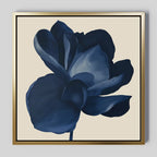 The Midnight Bloom Canvas Art – Square features a single dark blue flower with large petals on a light beige background, framed in metallic gold for a modern and elegant minimalist wall art statement.