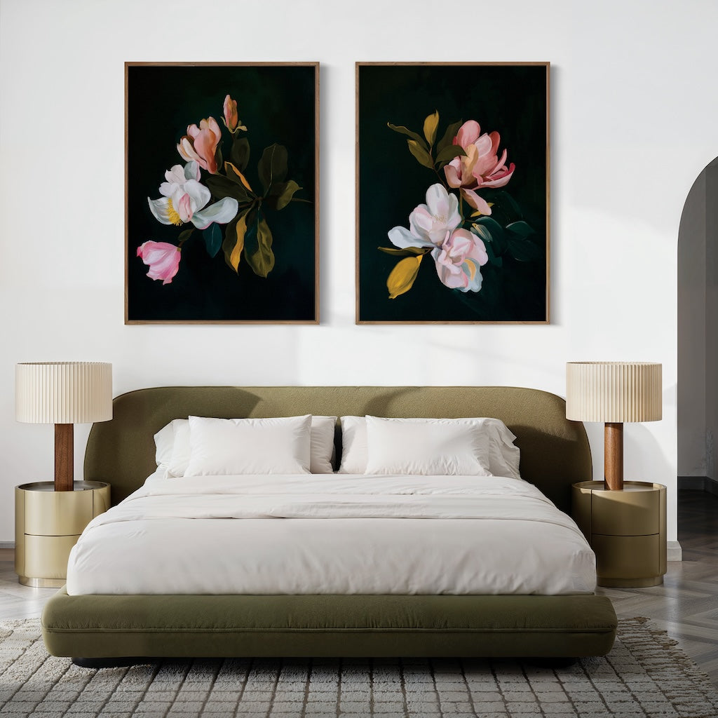 A modern bedroom with an olive green bed, white bedding, two beige nightstands with matching lamps, and the Midnight Blossoms Set of 2 floral paintings above the bed. The space features neutral tones and a cozy home decor vibe.