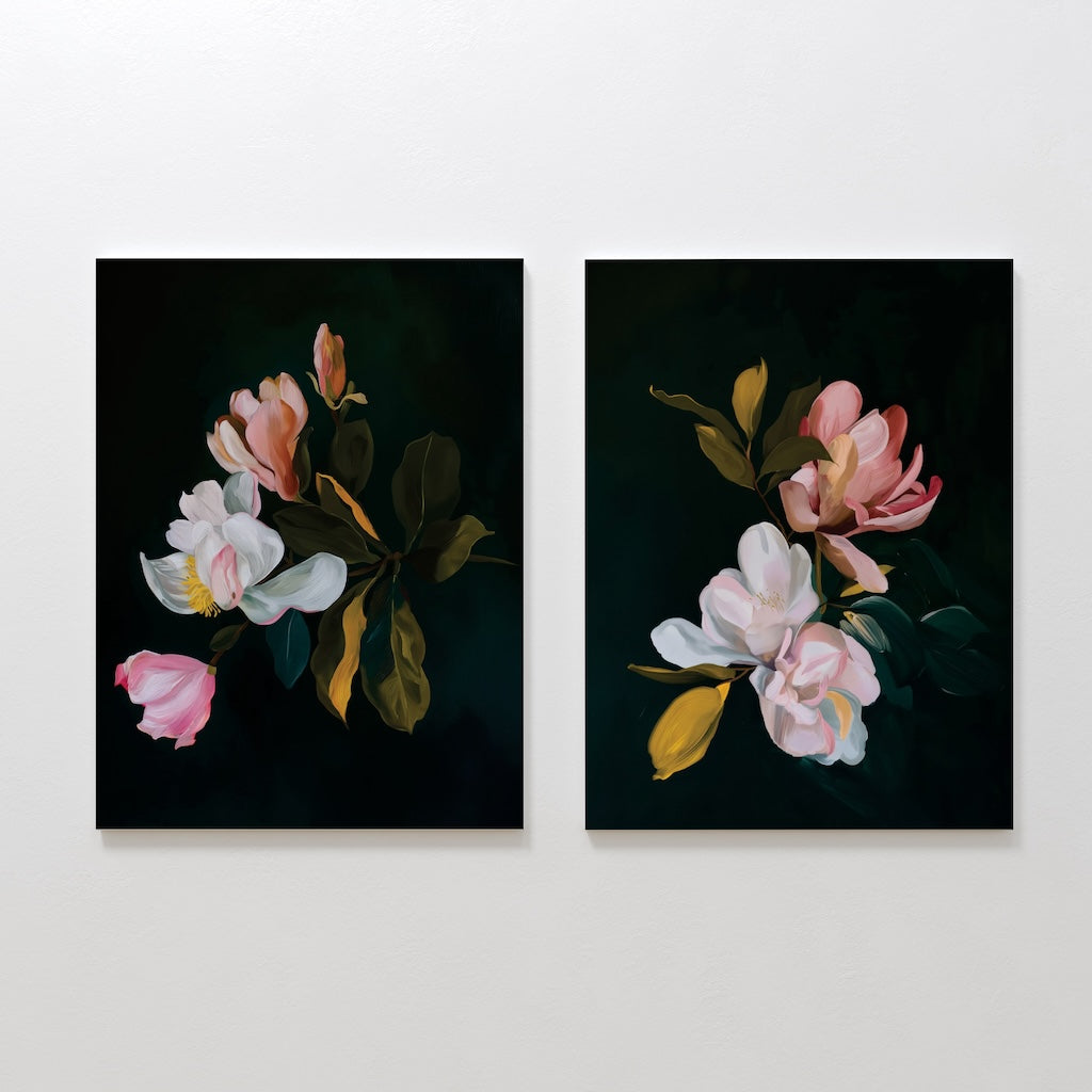 The Midnight Blossoms Set of 2 includes canvas paintings of pink, white, and yellow flowers with green leaves on a dark background—ideal for enhancing any home decor.