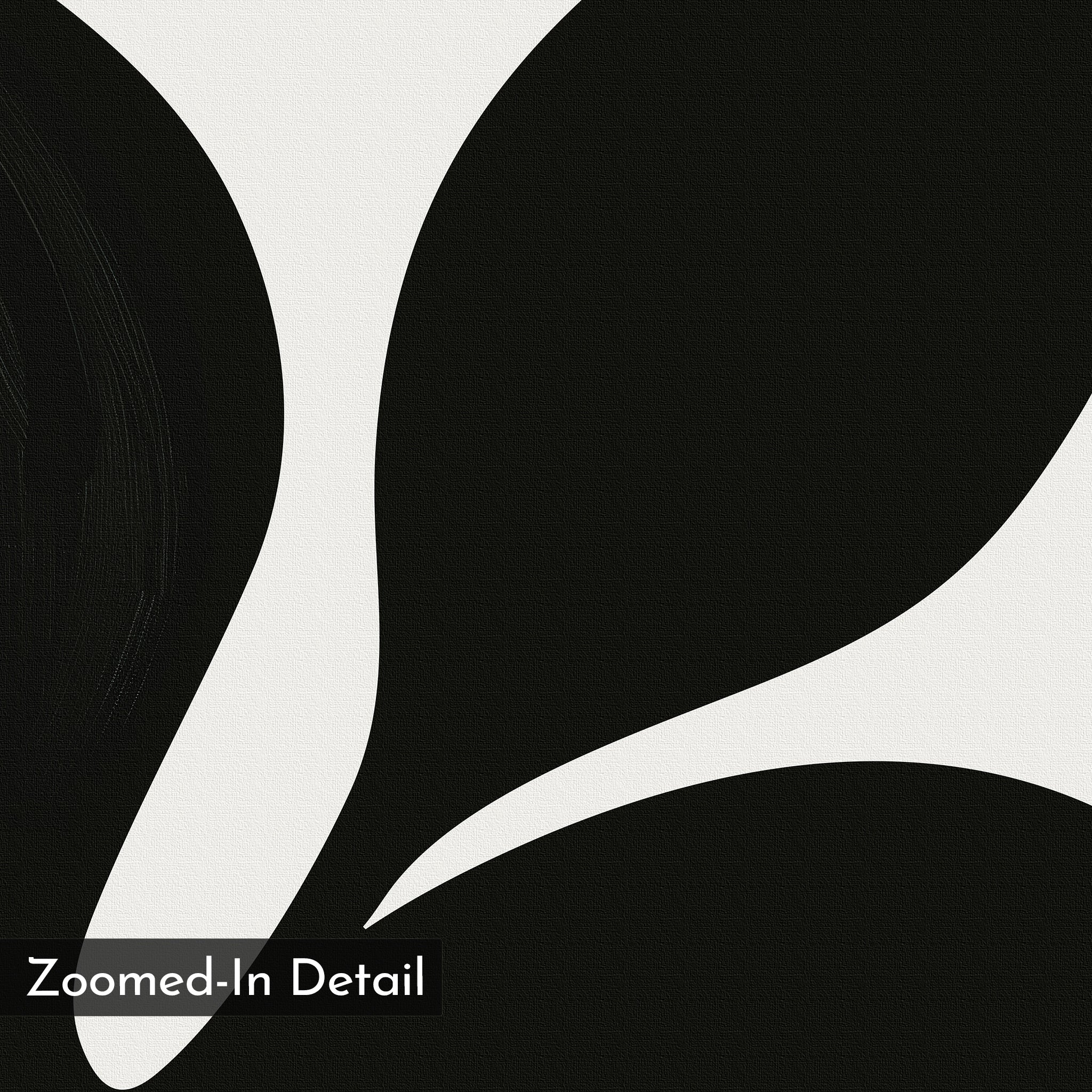 Midnight Botanist Canvas Art features abstract black and white botanical shapes with a grainy texture and “Zoomed-In Detail” text in the lower left—an ideal bold wall art print for minimalist interiors.