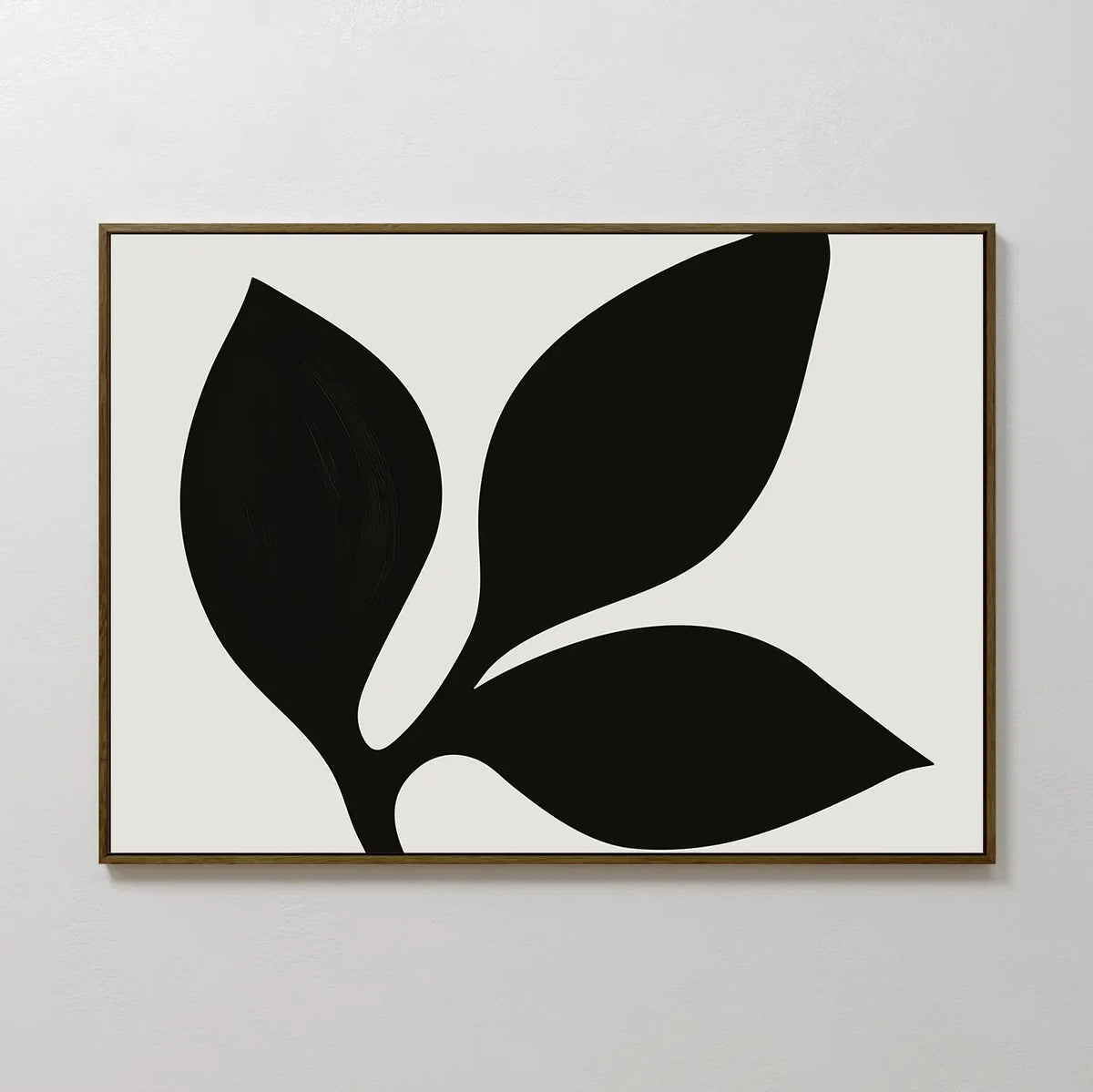 The Midnight Botanist Canvas Art showcases a bold black plant silhouette with three leaves on a white backdrop, framed in thin brown wood—an ideal choice for modern living room decor.