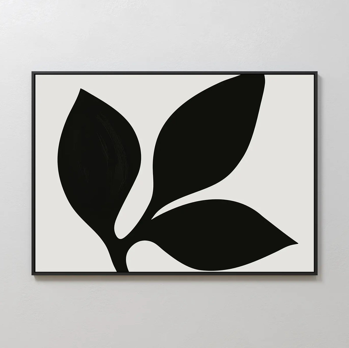 Midnight Botanist Canvas Art showcases a black abstract plant with three bold leaves on a white background, set in a slim black frame—ideal botanical wall art for modern living room decor.