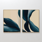 The Midnight Foliage Set of 2 features abstract framed art prints with flowing dark blue shapes and smooth gradients on a beige background, ideal for adding a modern, continuous touch to your space.