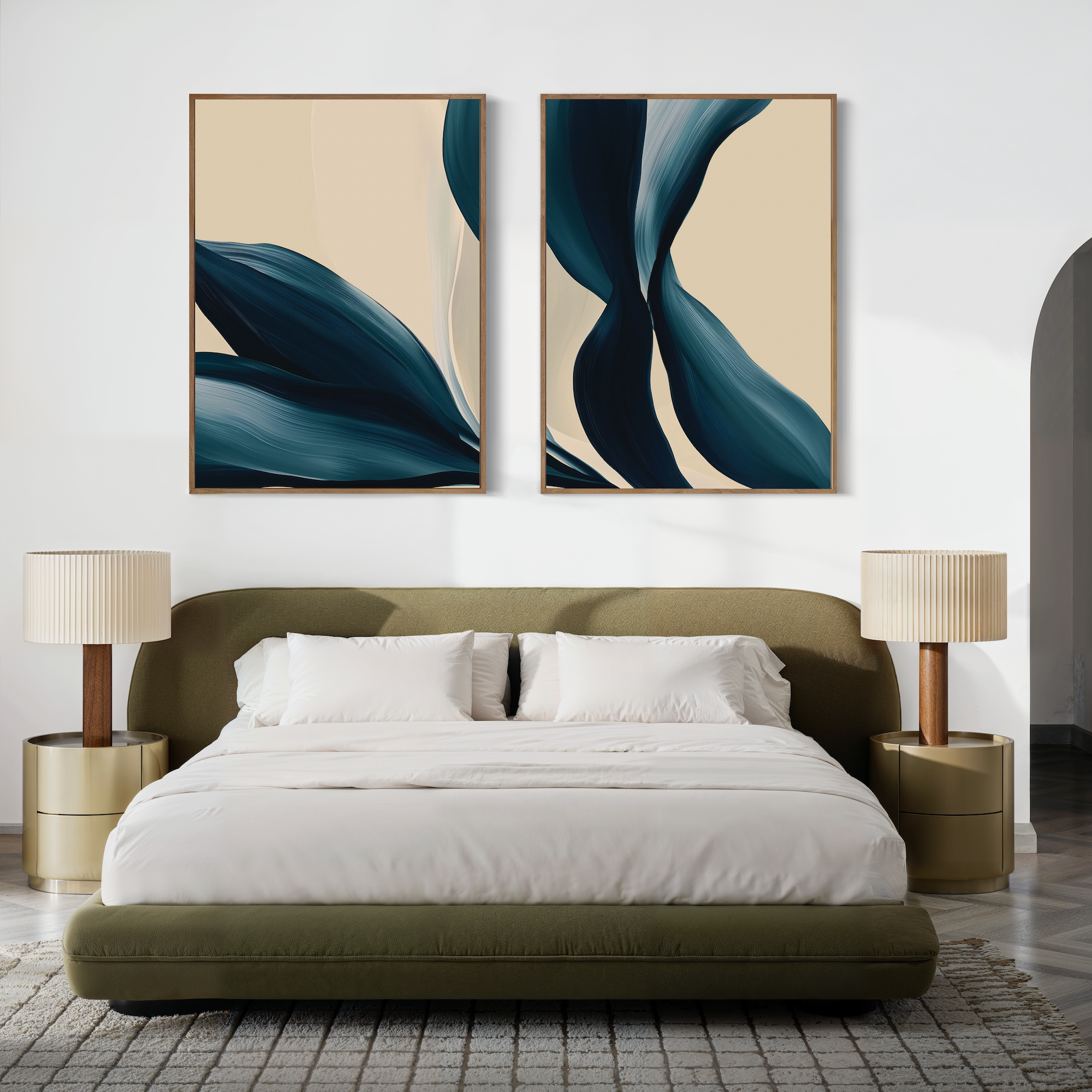A modern bedroom with a low green upholstered bed, white bedding, beige bedside tables and lamps, and the Midnight Foliage Set of 2 abstract blue artwork in wooden frames above the headboard—ideal for a serene, stylish retreat.