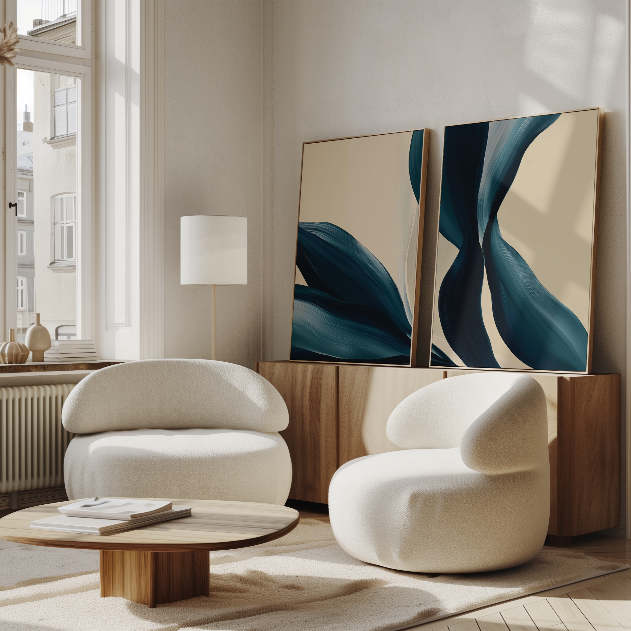 A modern living room features two rounded white armchairs, a low wooden coffee table, a sideboard, a floor lamp, large windows with streaming light, and the Midnight Foliage Set of 2 artworks for an inviting contemporary vibe.