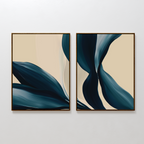The Midnight Foliage Set of 2 features framed abstract paintings with navy and teal brushstrokes on a beige background, displayed side by side to add dynamic movement and balance to your wall.