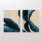 The Midnight Foliage Set of 2 features abstract canvases with dark blue and teal brushstrokes on beige, displayed side by side—ideal for bringing modern elegance to your space.