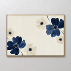 Midnight Garden Canvas Art features large navy blue and small cream flowers with dark centers on a light beige background, creating a simple and elegant abstract floral print ideal for modern wall décor.