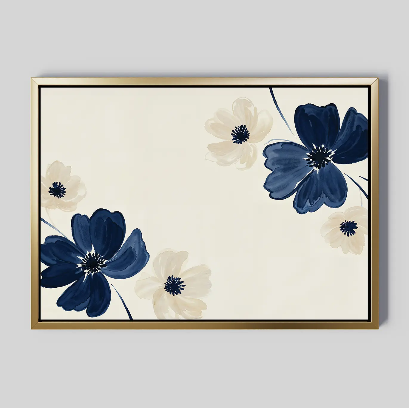 The Midnight Garden Canvas Art is a framed minimalist wall decor with blue and beige flowers with dark centers along the right and bottom edges, adding a modern abstract floral touch to any space.