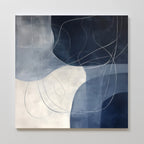 Midnight Lines Abstract Canvas Art features overlapping shapes in blue, navy, and white with thin curving lines for a fluid look—an elegant wall art piece ideal for adding modern style to your living room decor.