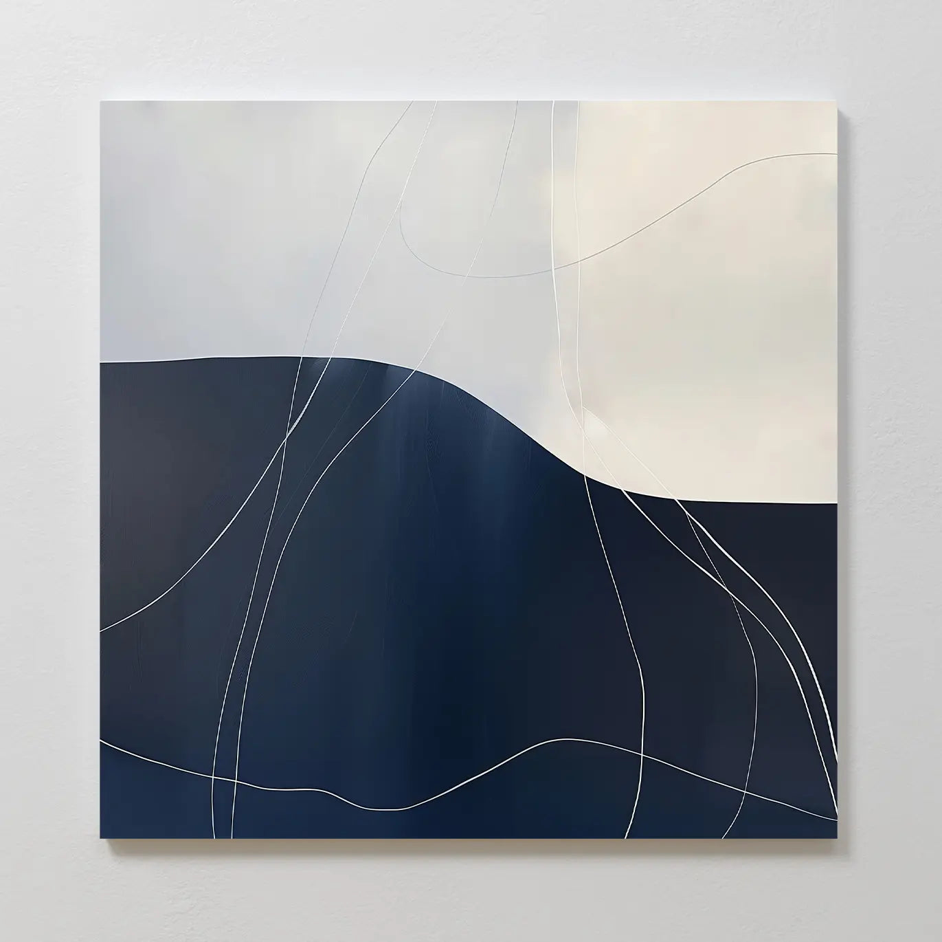 Midnight Terrain Canvas Art features a soft gradient from white to dark blue with thin, wavy white lines, adding gentle movement and depth—perfect minimalist canvas art for bedroom decor.