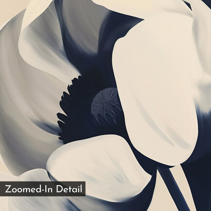 Midnight Tulip Canvas Art showcases a stylized close-up of a flower with soft white and gray petals and a dark center. Perfect as minimalist living room decor, it features the label "Zoomed-In Detail" in the bottom left corner.