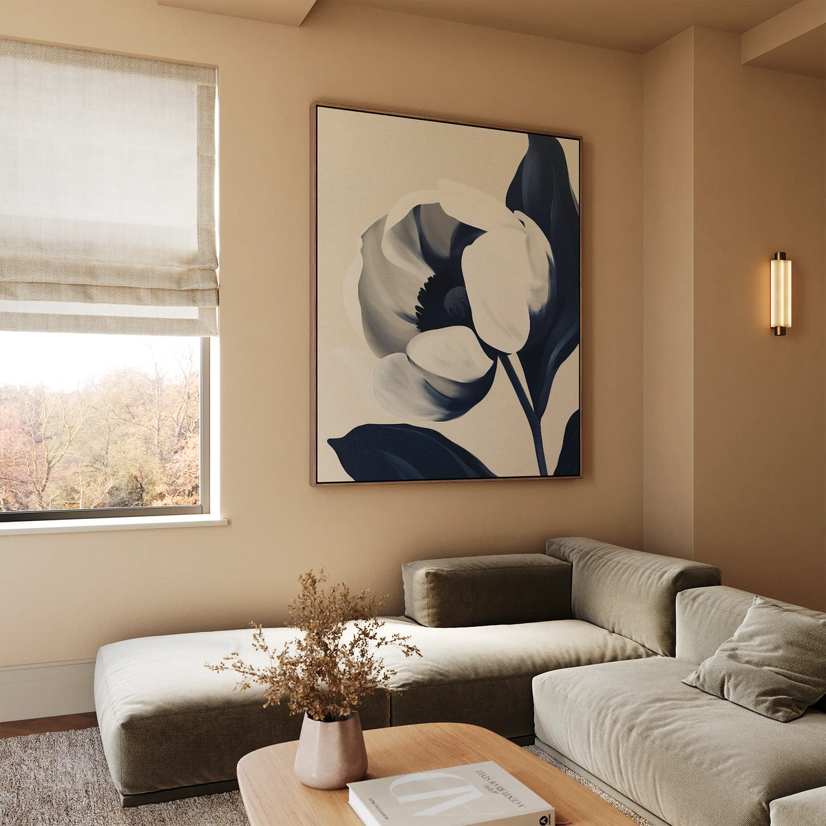A modern living room with neutral tones features the Midnight Tulip Canvas Art on the wall, a beige sectional sofa, a wooden coffee table with a vase of dried flowers, and a window with a Roman shade.