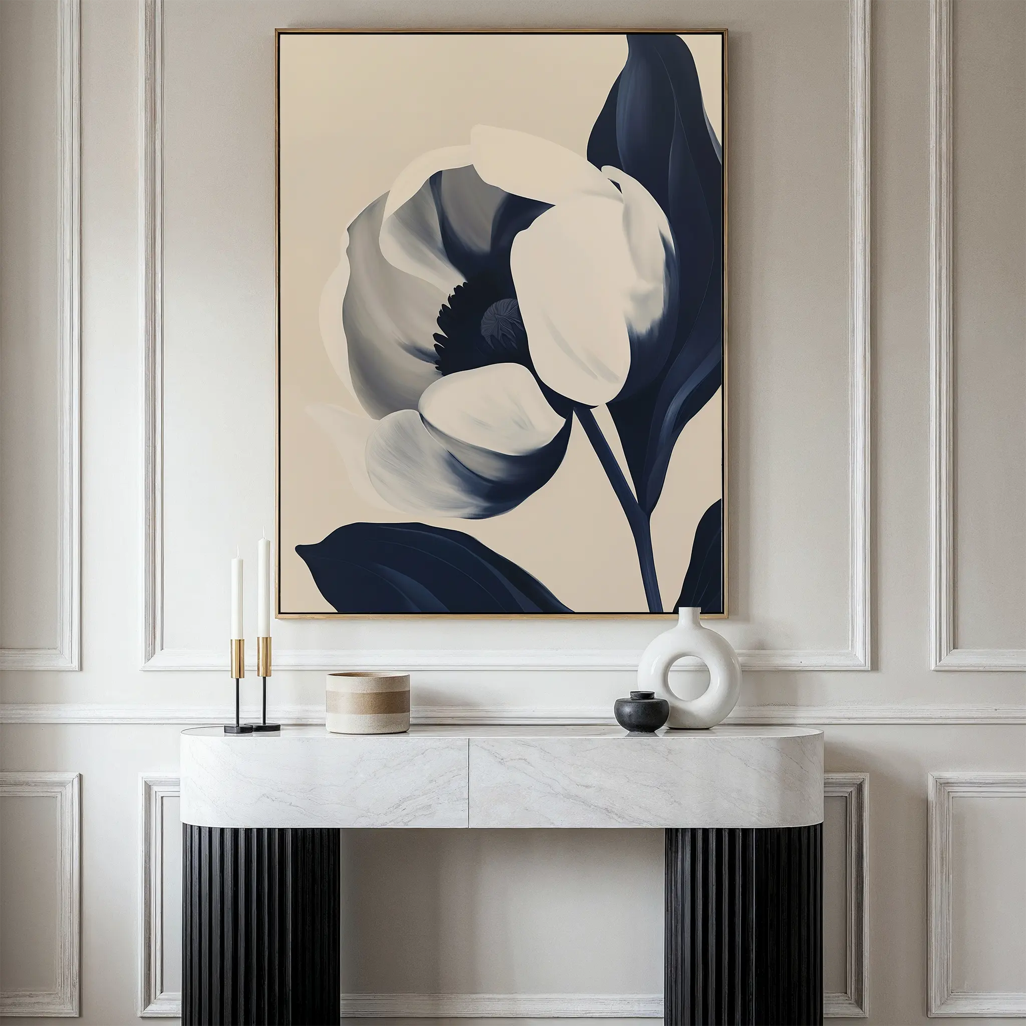 A modern interior features a white console table with decor and the Midnight Tulip Canvas Art, a large black and white floral piece, on a paneled beige wall, creating an elevated living room look.