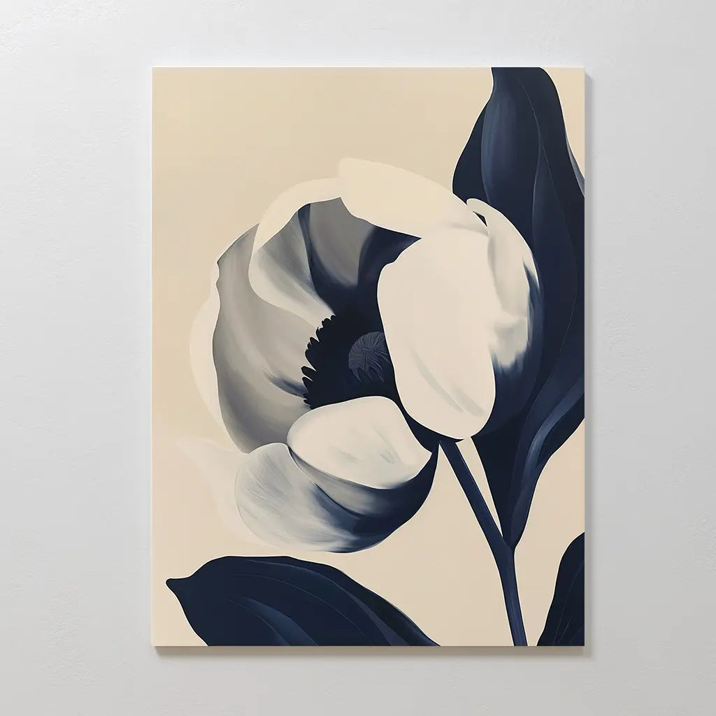 Midnight Tulip Canvas Art features a minimalist design with a single large flower and dark blue leaves on an off-white background. Ideal botanical wall decor, perfect for modern living rooms with its simple, elegant style.