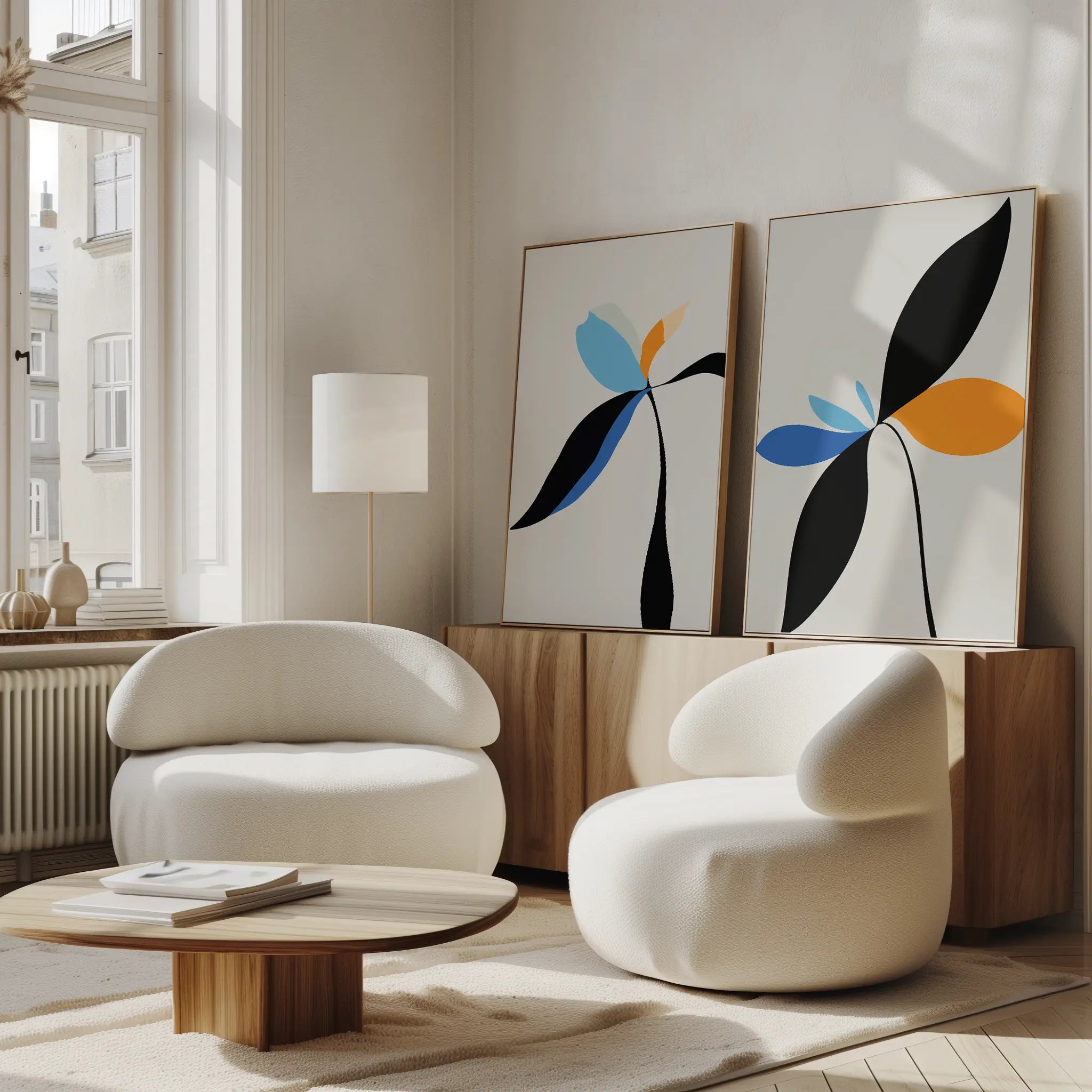 A modern living room with two rounded white chairs, a low wooden coffee table, and the Minimal Flora Set of 2—abstract floral art pieces in black, blue, and orange—displayed on a wooden sideboard. Sunlight pours through large windows.