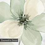 Mint Meadow Canvas Art: A watercolor of pale green and cream flowers with dark green stamens, ideal for minimalist wall decor. "Zoomed-In Detail" label is in the bottom left corner.