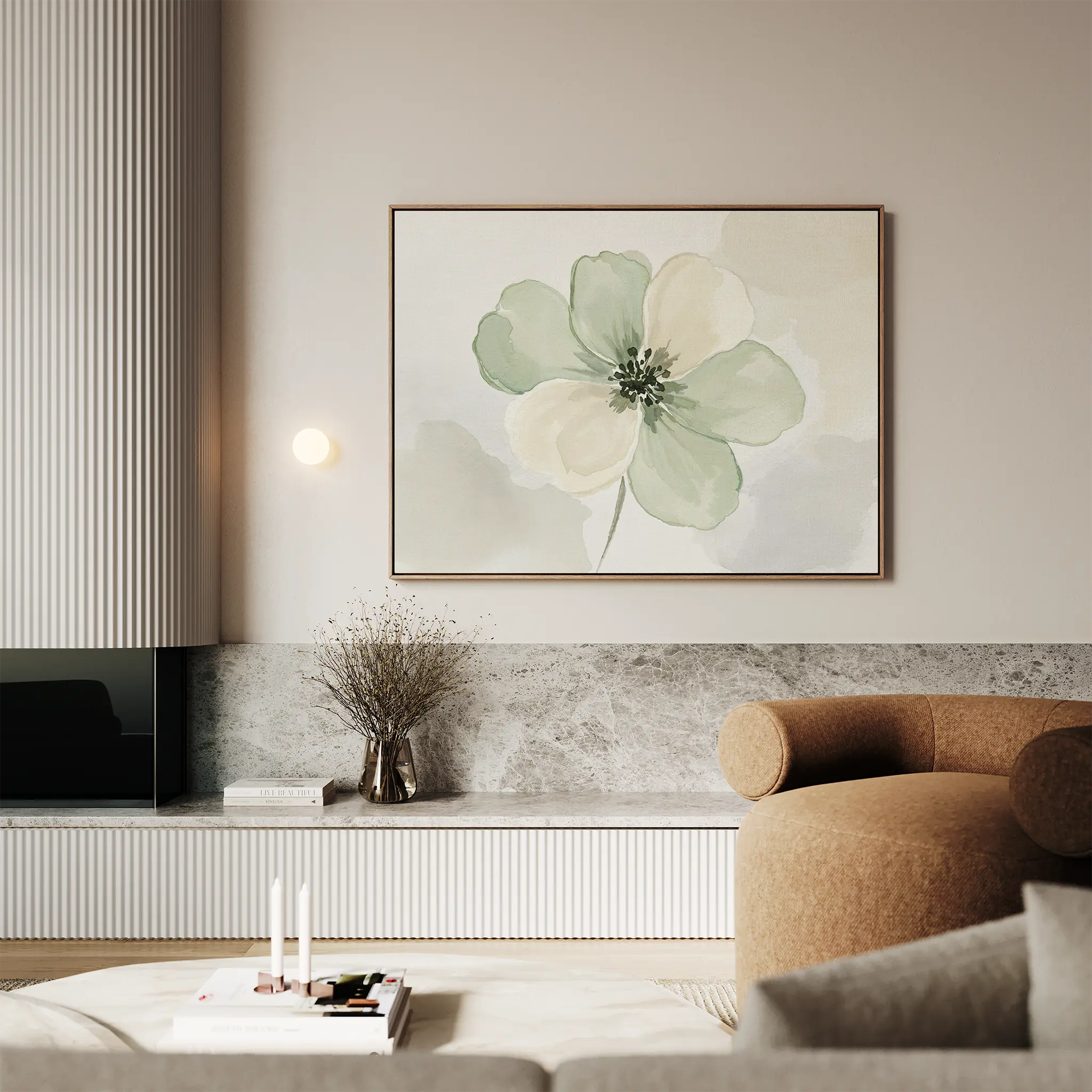 A modern living room with a beige armchair, marble accents, a minimalistic vase with dried flowers, candles on the table, and striking botanical wall art featuring the Mint Meadow Canvas Art above.