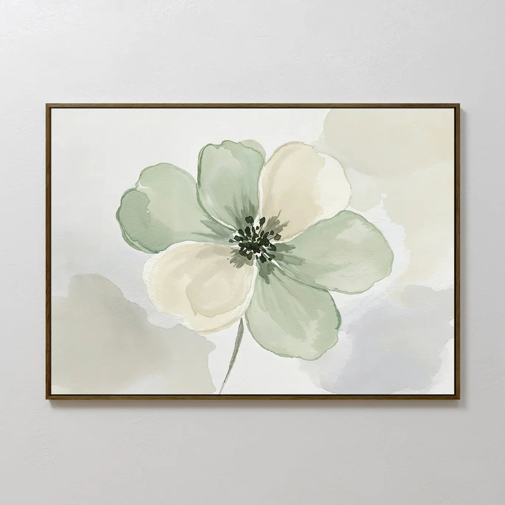 The Mint Meadow Canvas Art is a framed botanical wall piece showcasing a watercolor of a single large flower with pale green and cream petals on a soft, light background.