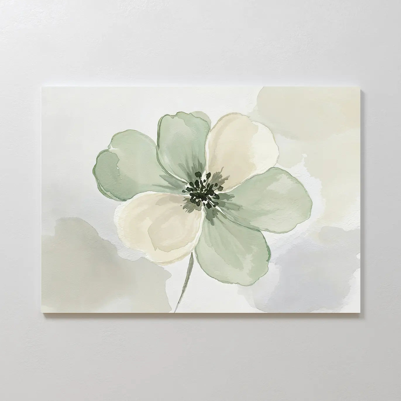 The Mint Meadow Canvas Art features a minimalist watercolor painting of a single flower with soft green and cream petals, a light green center, and a pale, blurred background.