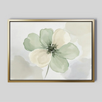 The Mint Meadow Canvas Art features a single flower with pale green and cream petals, a dark center, and a light abstract background. A metallic gold frame adds elegance to this minimalist botanical wall art.