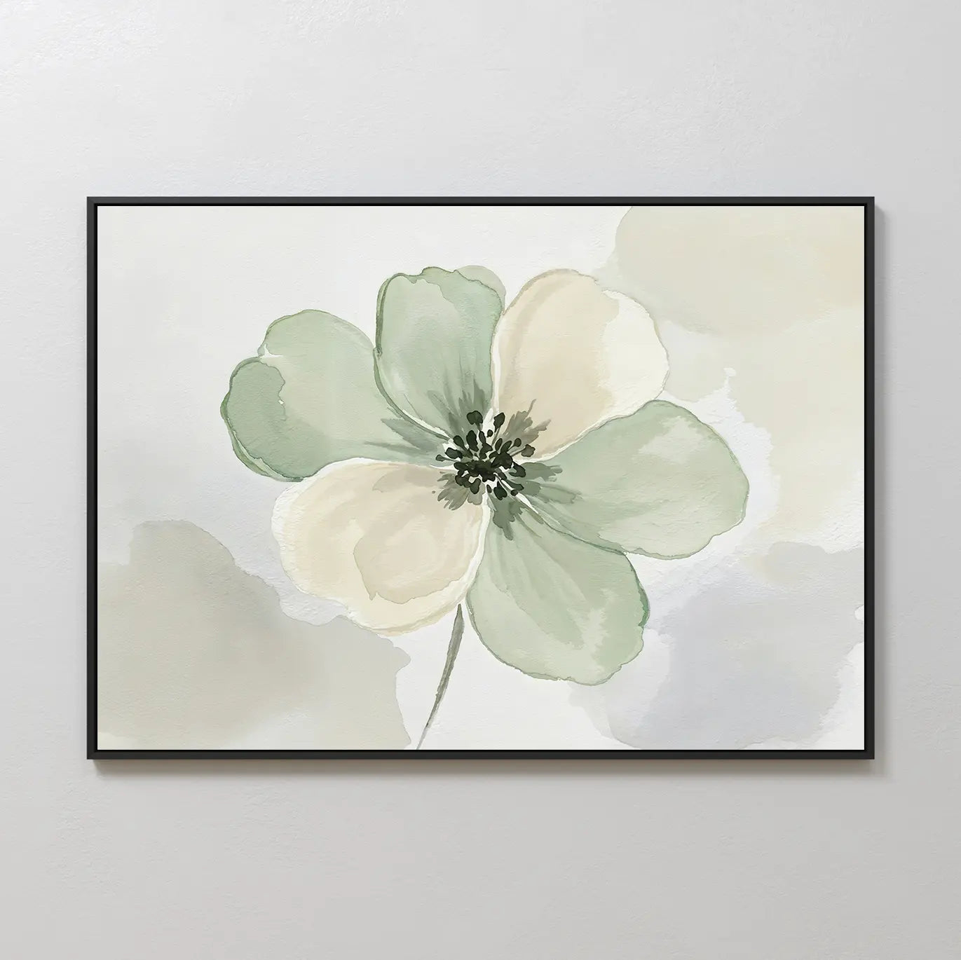Mint Meadow Canvas Art features a single flower with soft green and creamy white petals on a watercolor-style background—ideal minimalist wall art for any room.