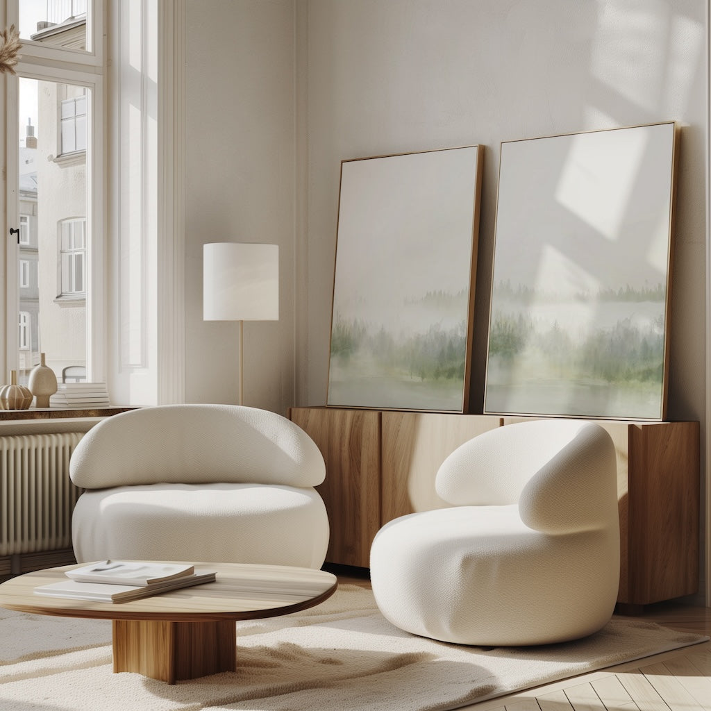 A modern living room with two rounded white chairs, a low wooden coffee table, and the Misty Forest Set of 2 large framed landscape paintings displayed on a wooden sideboard below tall windows with soft natural light.