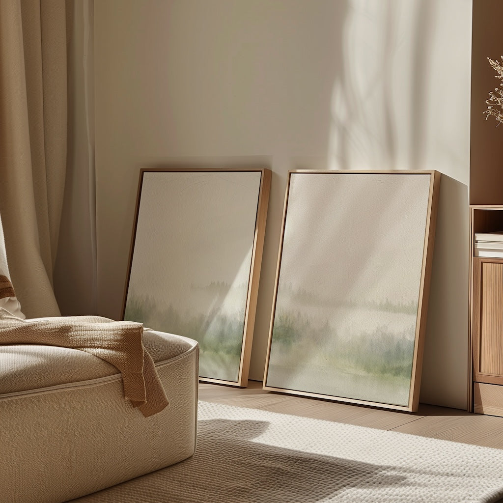 The Misty Forest Set of 2 framed landscape paintings leans against a light wall in a sunlit, minimalist living room, with a cozy armchair and beige blanket enhancing the peaceful vibe.