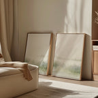 The Misty Forest Set of 2 framed landscape paintings leans against a light wall in a sunlit, minimalist living room, with a cozy armchair and beige blanket enhancing the peaceful vibe.