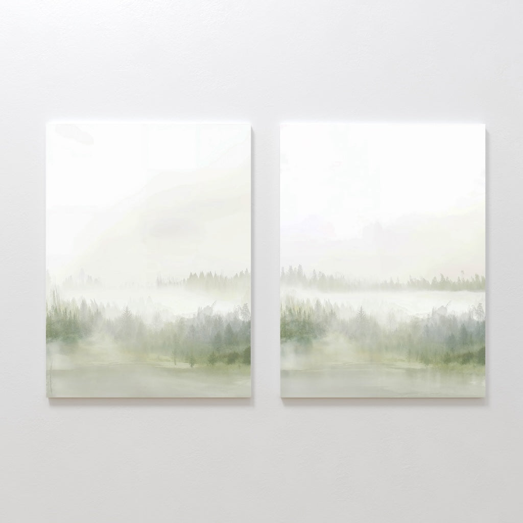 The Misty Forest Set of 2 features minimalist paintings side by side, each showing a misty forest landscape with soft green trees fading into a foggy, light background.