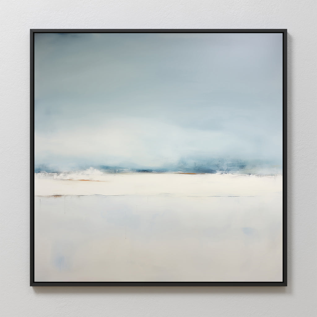 The Misty Morning Abstract Canvas Art features soft blue, white, and beige gradients in a minimalist style. With smooth blending and minimal details, this framed wall art is perfect for neutral home decor or creating a calm, serene atmosphere.
