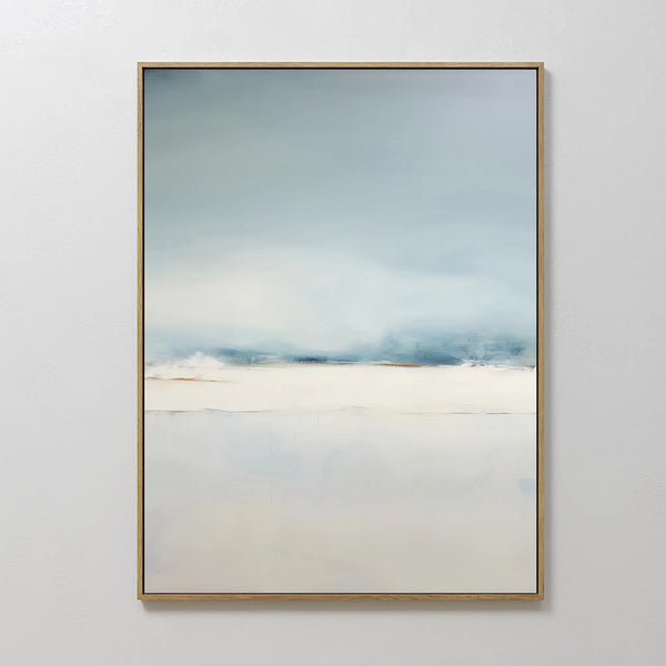 The Misty Morning Canvas Art – Vertical is a framed minimalist abstract painting in soft blue and white, evoking tranquil skies meeting a hazy horizon—perfect for lovers of minimalist wall art.